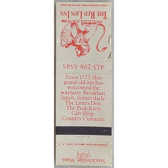 Vintage Matchbook Cover The Red Lion Inn Stockbridge MA Massachusetts - Picture 2 of 5
